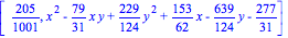 [205/1001, x^2-79/31*x*y+229/124*y^2+153/62*x-639/124*y-277/31]